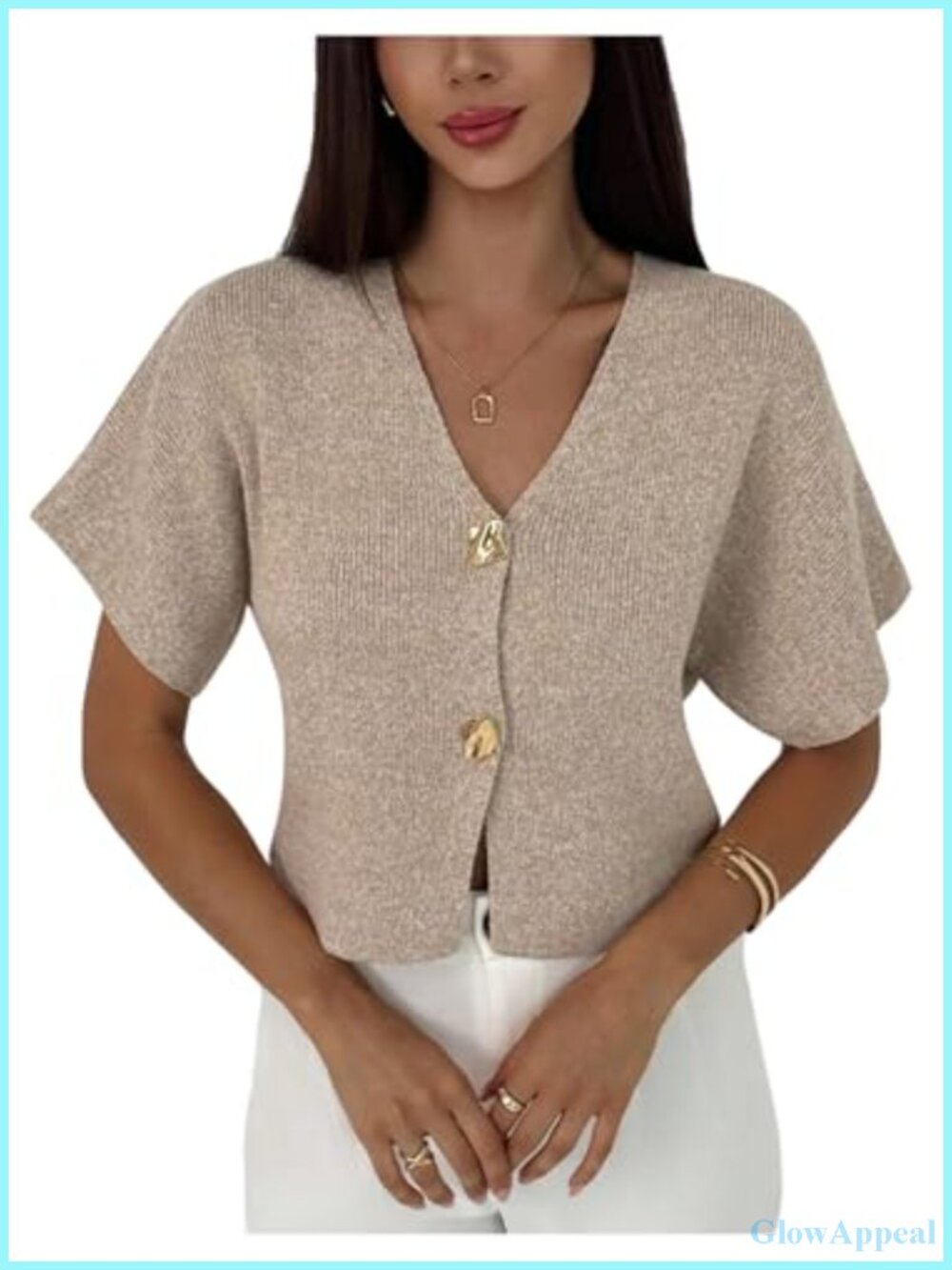 Women's Short Sleeve V-Neck Cardigan Sweater Rib Knit Lightweight